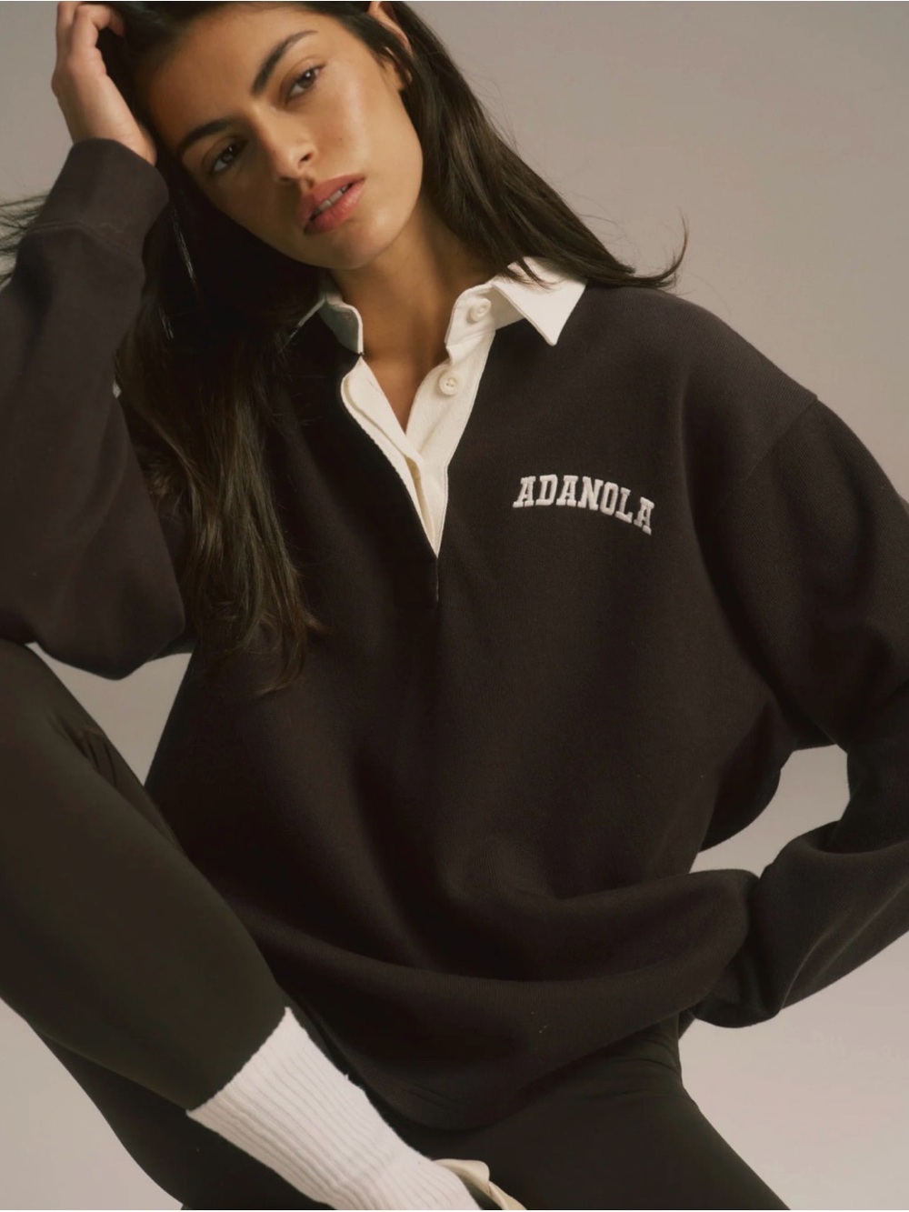 ADANOLA Brown Rugby Pullover with White Collar